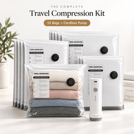 VacuFly Travel Compression Kit — 15 Vacuum Bags + Cordless Pump