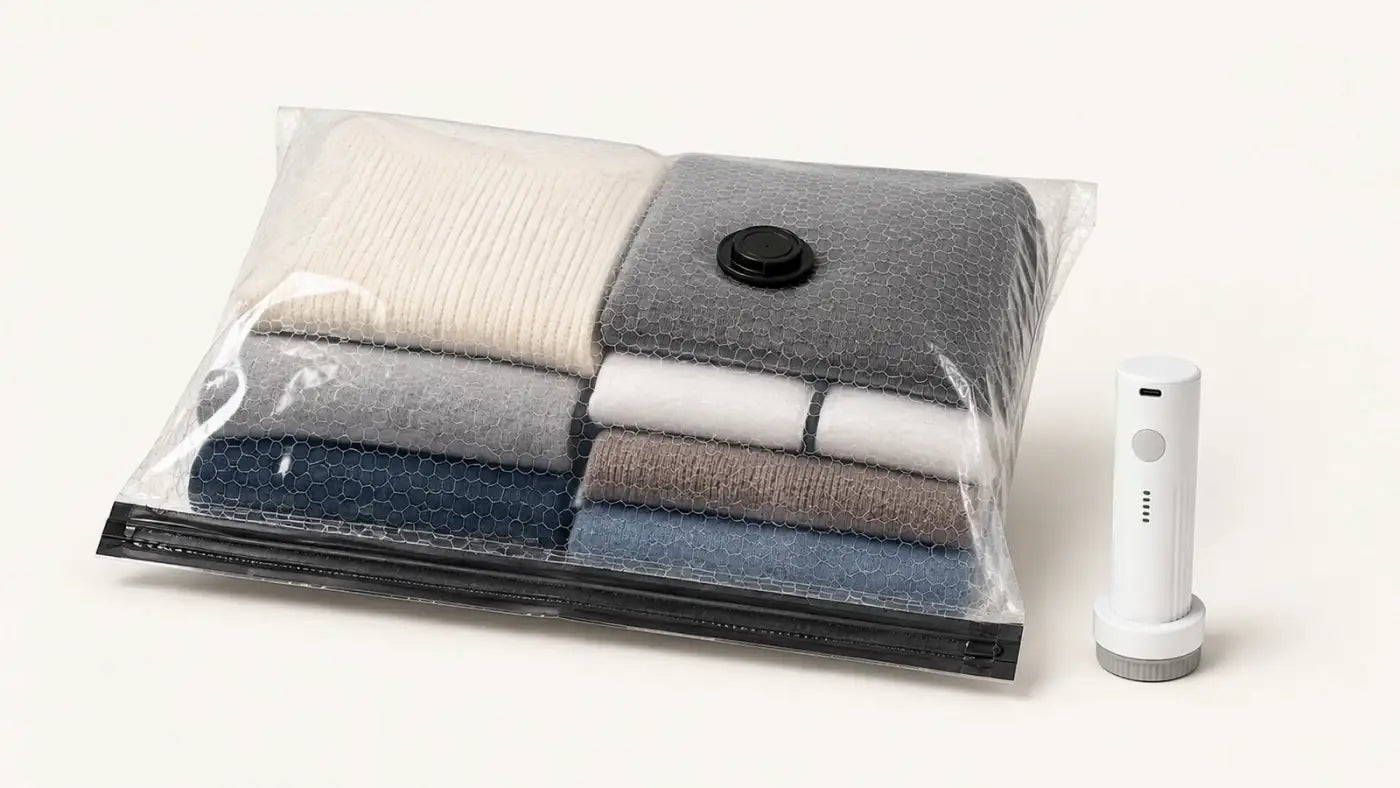 A vacuum storage bag full of clothing compressing flat under a cordless pump